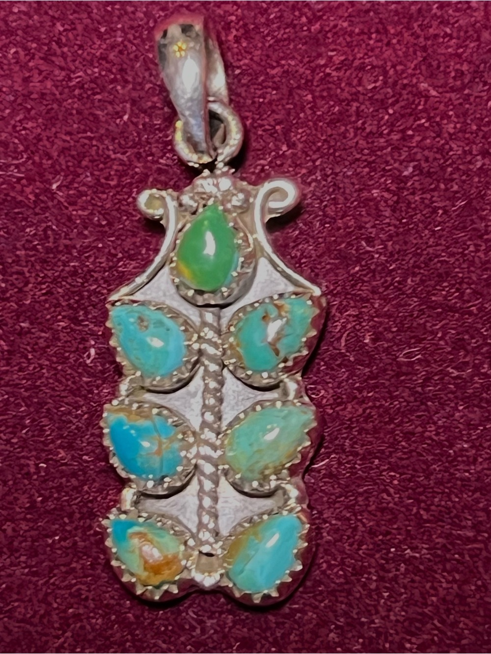 Stunning Solid Sterling Silver Genuine Turquoise Teardrop Pendant with 7 Stones